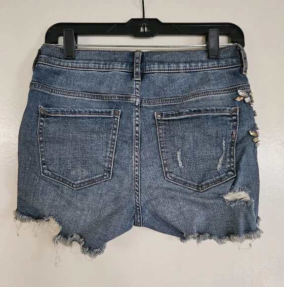 Express High Rise Distressed Rhinestone Embellished Shortie - Size 2 - Picture 8 of 8